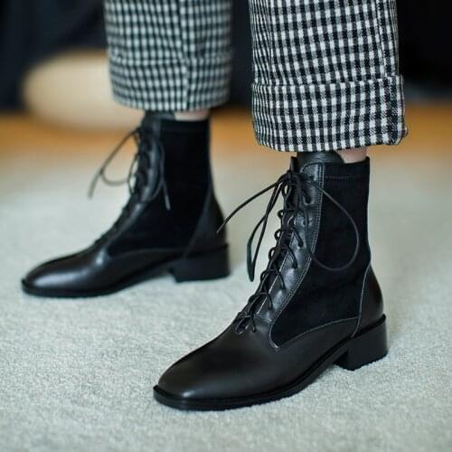 Genuine Cow Leather Martin boots womens thick-soled autumn 2020 new British style women lace-up square toe ankle boots