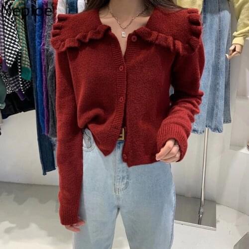 Neploe Ruffle Peter Pan Collar Knitted Cardigan Women 2021 Autumn Korean Loose Thin Jacket Long Sleeve Elegant Sweater Coat