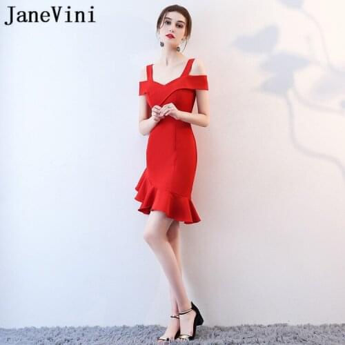 JaneVini Vestidos Charming Plus Size Mother of Bride Dresses Satin Mermaid Ruffles V Neck Red Short Evening Gowns Abiti Da Sera