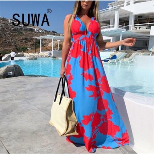 Women Colorful Print Dress Summer Spaghetti Strap V neck Evening Party Sweet Beach Dress 2021 Summer Long Maxi Gowns