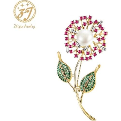 Zhijia Elegant Delicate Flower Shape Pins Brooches For Women Luxury Pearl Rhinestone Brooches Dress Jewelry Gifts