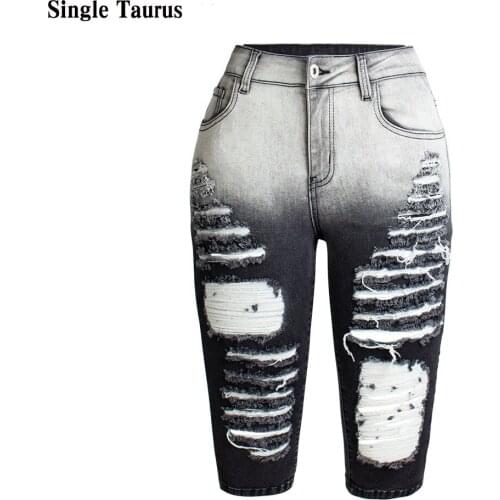 2021 Elasticity Skinnty Jeans Women Knee Length Straight Ripped Jeans for Women Moustache Effect Plus Size Distressed Denim Pant
