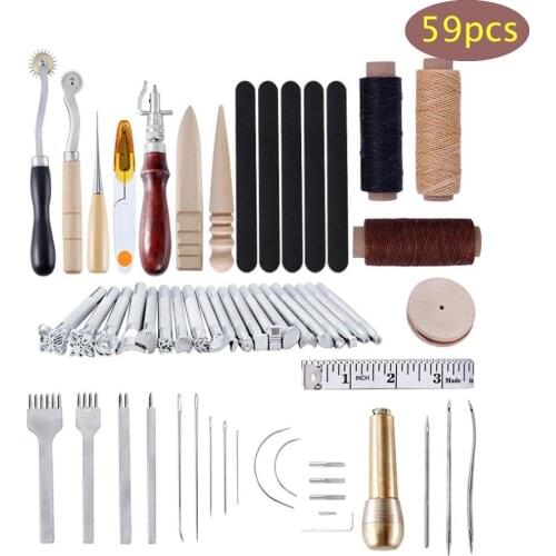 59/68pcs Leather Tool Kit DIY Leather Cutter Edge Groover Awl Hole Punches Leather Knife with Waxed Thread Leather Crafting Tool