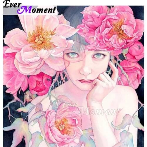 Ever Moment Diamond Painting Full Square Drill Woman Wearing Pink Flower 5D DIY Rhinestone Hobby Art Diamond Embroidery ASF2009