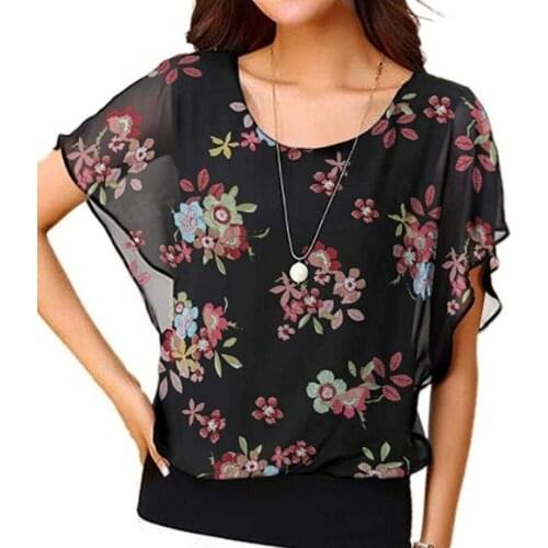 Floral Print Chiffon Casual Blouse Women 2021 Summe Batwing Short Sleeve O-neck Female Basic Daily Vintage Tops
