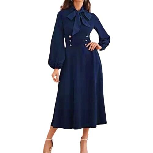 Hepburn Style Bow Tie Medieval Retro Long Blue Woman Dress Casual Formal Dresses Elegant Female Clothing Autumn Winter Frances