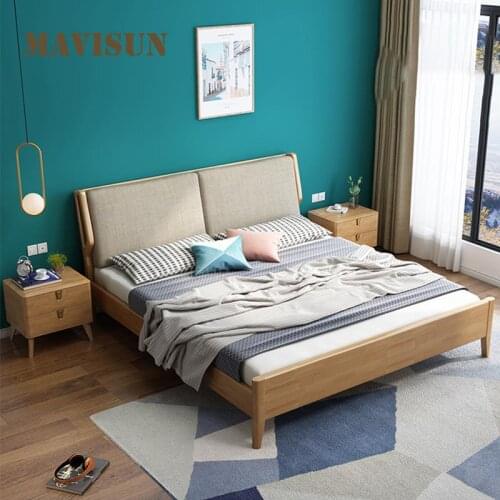 Two Sizes Wood Platform Nordic Double Bed With Soft Backrest 1.8m Modern Minimalist Comfortable High Quality Bedroom Furniture