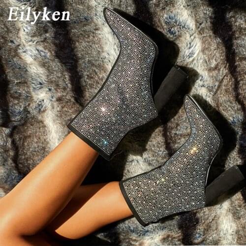 Eilyken Women Fashion Rhinestone Ankle Pointed Toe Boots Zipper Bling Crystal Autumn Winter High Heels Night Club Party Boots