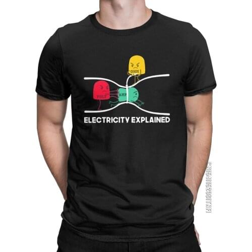 Mens T-Shirts Electricity Explained Physics Humorous Cotton Tee Shirt Classic Short Sleeve Ohms Law T Shirt Crew Neck Tops