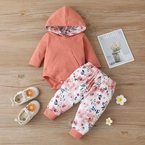 Fashion Spring Fall Baby Girl Clothes 2PCS Set Solid Long Sleeve Hoodies Sweater Tops+floral Print Trousers Kids Clothes 0-18M