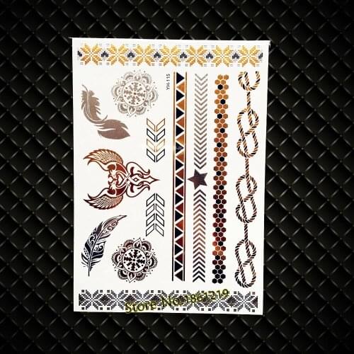 Hot Henna Indian Totem Gold bracelet Temporary Flash Tattoo, Black Feather Sunflower Gem Chains Fake Waterproof Tattoo Women Sex