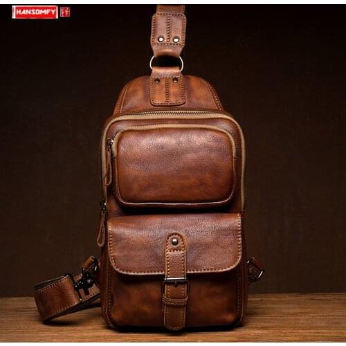Pure Hand-painted Chest Bag Mens First Layer Leather Shoulder Bag Casual Leather Crossbody Bag Sports Vintage