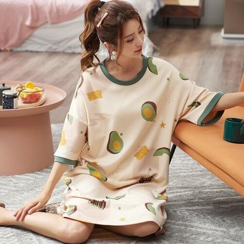 KISBINI NEW Women Nightdress O-neck Short Sleeve Avocado Printed Night-dress Ladies Soft Cotton Loose Homewear Sleepwear