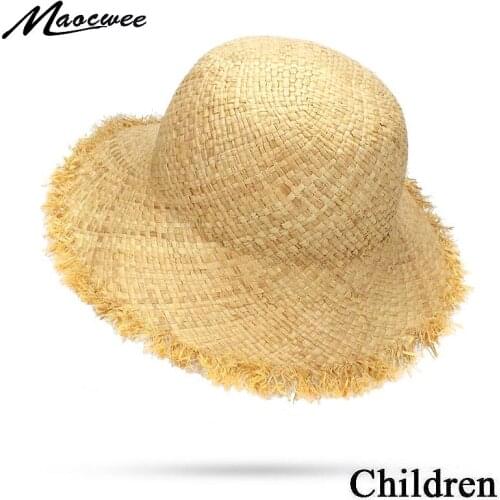 2018 Cute Child Girls Boy Raffia Straw Sun Hat Kids Large Brim Beach Summer Children Boater Beach Dome Top Fedora Hat 50CM