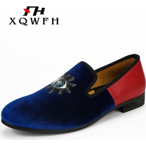 Blue Velvet and Red Leather Matching Men Loafers Handmade Slip On Men Embroidery Dress Shoes Comfortable Mens Smoking Shoes