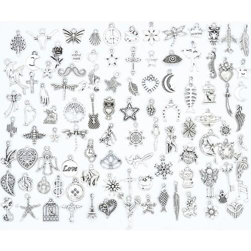 YuenZ 100pcs Mixed Styles animal Leaf Heart Key Crown Charms Pendants DIY Jewelry for Necklace Bracelet Making Accessaries U050