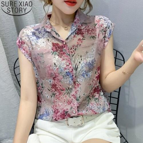 Summer Blouse Sleeveless Shirts Women Vintage Floral Print Blouses Ladies Tops 2021 Blusas Mujer Casual Chiffon shirt 10225