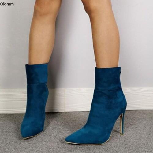 Olomm 2020 Handmade Women Ankle Boots Sexy Stiletto Heels Boots Pointed Toe Gorgeous Blue Office Shoes Women Plus US Size 5-15