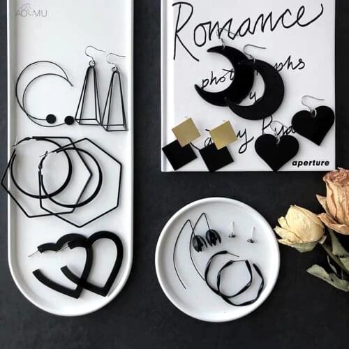 AOMU 2019 Simple Black Geometric Hollow Square Round Circle Heart Flower Long Drop Earrings for Women Statement Jewelry Gift