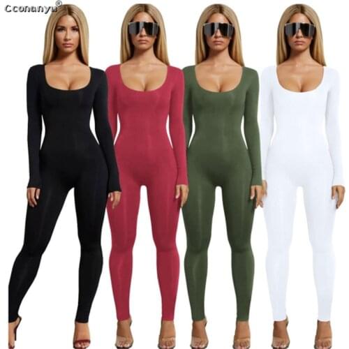 Jumpsuits for Women 2019 Sexy Black Long Sleeve Women Jumpsuit White Green Rompers Womens Jumpsuit Long Pants Solid Colors