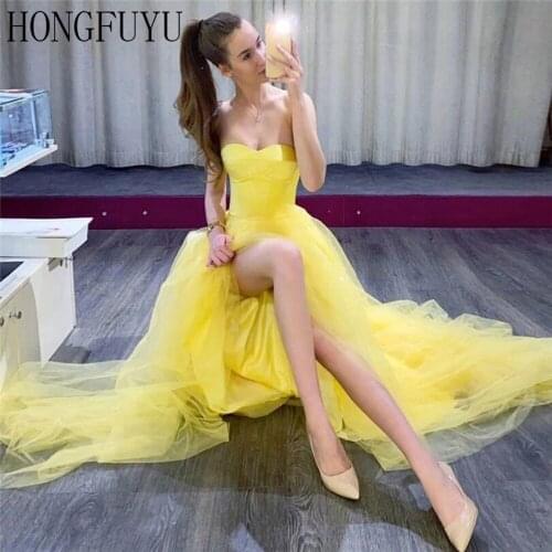 Robes de soirée Yellow A Line Long V-Neck Prom Dresses 2021 Tulle Occasion Party Gowns Custom Made Backless Evening Dress
