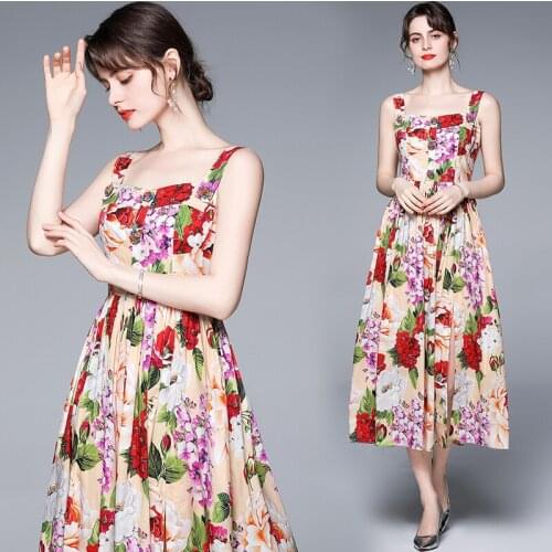 Women Sling Cocktail Dresses Summer Button Tender Mid-Length Slim Yellow Flower Printted Big Swing Elegant Party Beach Bohemia