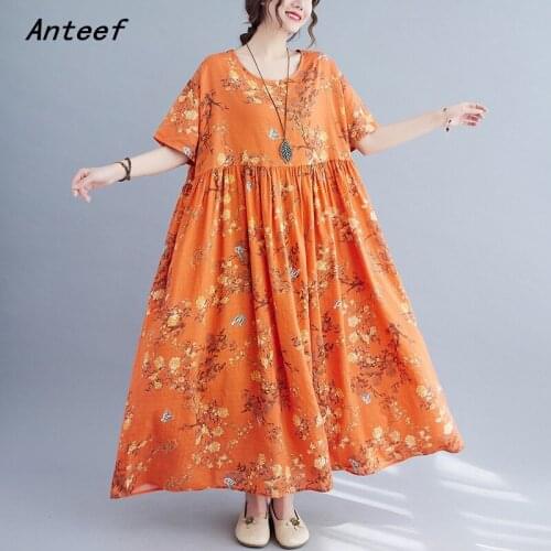 Short sleeve cotton vintage floral dresses for women casual loose long woman summer dress elegant clothes 2021