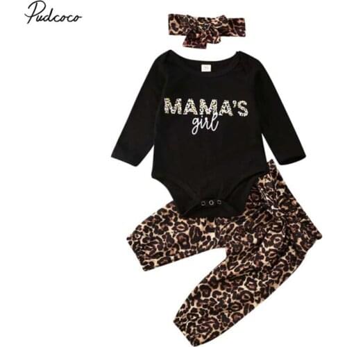 2020 Newborn Baby Girl Leopard Outfit Romper Long Sleeve Tops Leopard Pants Headband Clothes Set Tracksuit Kids 0-18M Clothing
