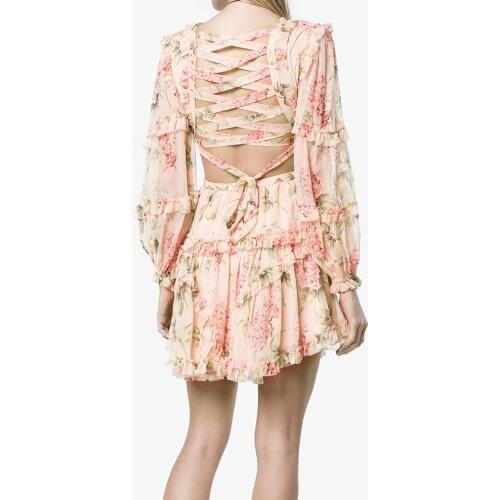 2021 Womens European and American Style V-neck Halter Lace-up Ruffled Chiffon Print Retro Dress French Fairy Party Dress K064