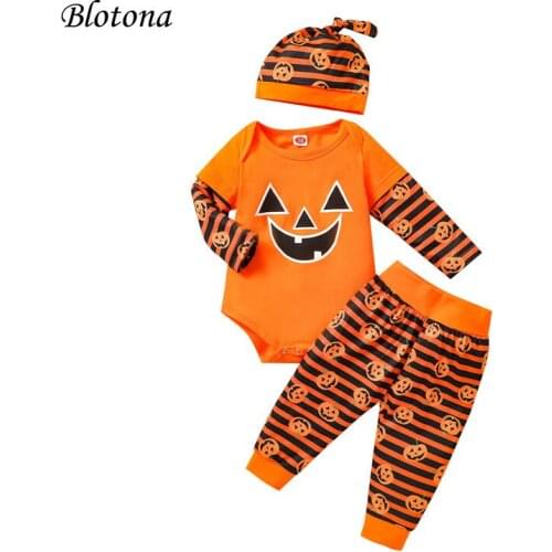 Blotona Infant Baby 3Pcs Halloween Clothes Set Pumpkin Printed Striped Long Sleeve Romper and Trousers with Hat, 0-18Months