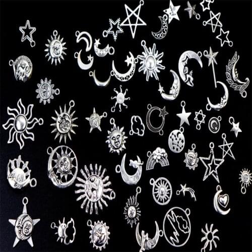 50pcs/bag Mixed Metal Antique Silver Pendants Charms Moon Star Sun Beads Handmade DIY for Bracelet Neacklace Jewelry Making