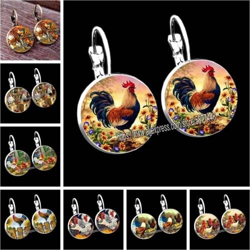 Floral Chicken Rooster Glass Cabochon Women Stud Earring Cute Animal Glass Girl Earring Lovely Cock Earring