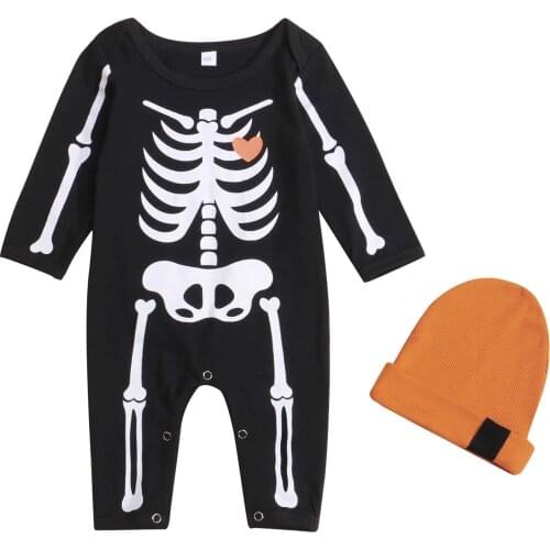 Autumn Halloween Infant Baby Boys Girls Romper Cap Print Long Sleeve Jumpsuit+ Hat Spring Fall Clothes