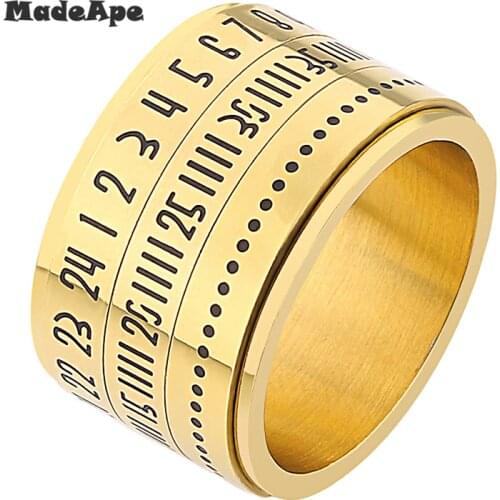 MadApe New Fashion Round Male Rings Turn Rotated Text Password Titanium Stainless Steel Couple Ring For Women Men Gift