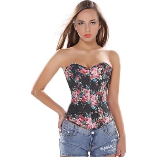 Fashion Retro Denim Floral Print Pattern Overbust Corset Women Sexy Body Shaping Tops S-XXL