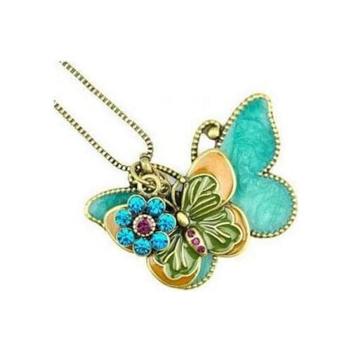 N106 Ethnic style Double layer butterfly alloy crystal Vintage flower pendant Female charm long necklace / sweater chain
