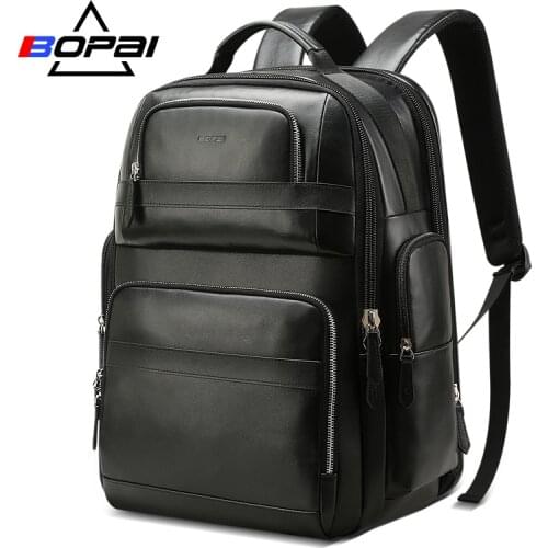 BOPAI Genuine Leather Backpack Multifunction USB Charge Anti Theft Laptop Bag 15.6 Inch Mens Laptop Backpack Travel Backpack