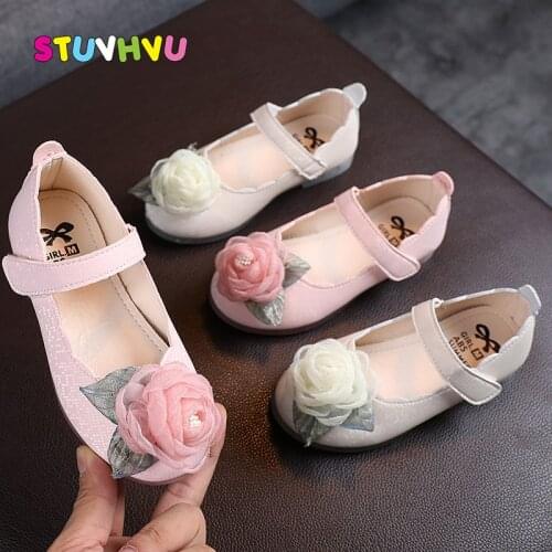 Flowers Girls Princess Shoes Spring and Autumn New Childrens Fashion Sequin Leather Girls Shoes for Kids Dance Shoes Pink White