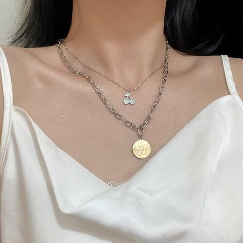 U-Magical Creative Double Layer Cherry Flower Pendant Necklace for Women Asymmetry Titanium Steel Round Chain Necklace Jewelry