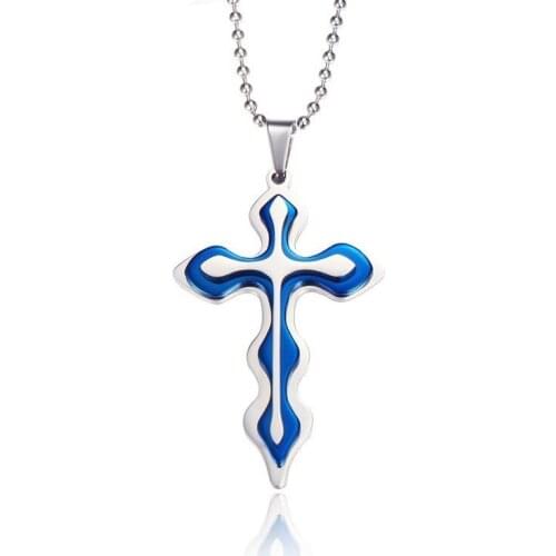 Blue Wave Cross Zircon Pendant Necklace With Silvering Charm Beads Chain Christian Blessing Retro Unisex Jewelry for Men & Women