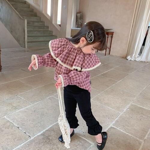 Spring 2021 Baby Girls Clothes Children Retro Grid Lotus Leaf Collar Long Sleeve Doll Shirt