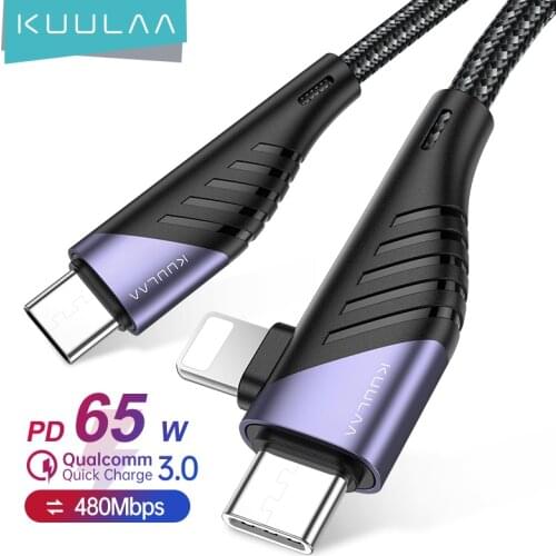 KUULAA USB C to USB Type C to Lightning Cable PD 65W 20W Fast Charging Charge Wire For iPhone 12 11 Pro Max Huawei Samsung Cord
