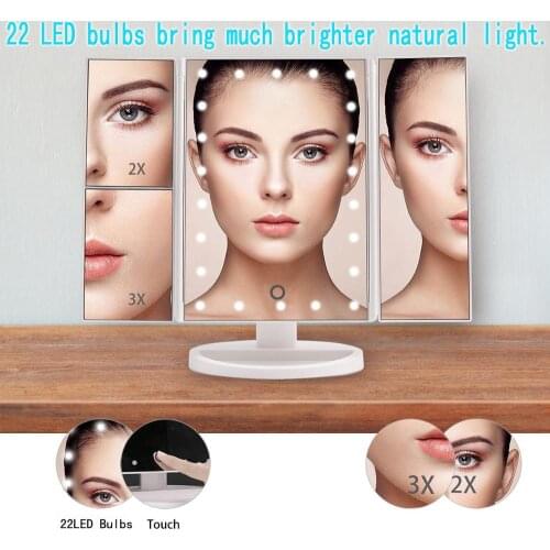 Tri-Fold Led Vanity Mirror With 22 Lights, Tabletop Makeup Mirror, 1x/2x/3x Magnification, 180° Rotation, USB Power,Touch Dimmer