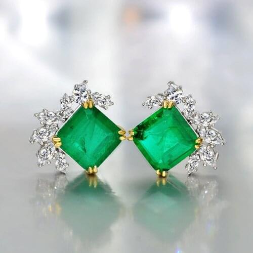 2021 Trend Womens 925 Silver Stamp Stud Earrings 10*10mm Natural Stone Emerald Lab Diamond Wedding Party Earring Fine Jewelry