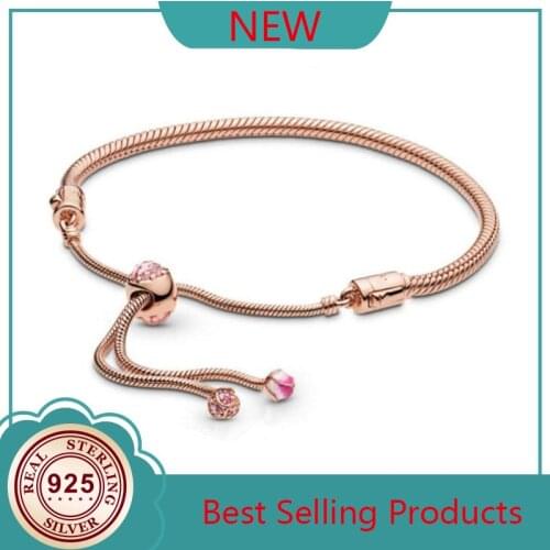 Original 925 Sterling Silver Rose Peach Blossom Flower Sliding Adjust Pan Bracelet Bangle Fit Women Bead Charm Diy Jewelry