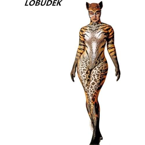 Lady Nightclub Bar Singer Dancer Cosplay Costume Halloween Party Cat Role-playing Performance Skinny Jumpsuit Leotard Stage Wear
