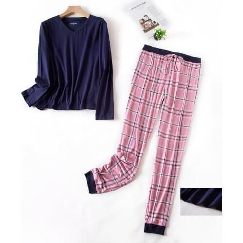 Plus size 100kg V-neck 100% cotton pajamas sets women Spring Autumn simple long sleeve trousers women sleepwear pyjamas