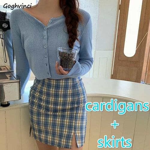 Women Sets Long Sleeve Knitted Crop Top Plaid High Waist Side Slit Bodycon Slim Sexy Skirts Womens Sweet Korean Style Leisure