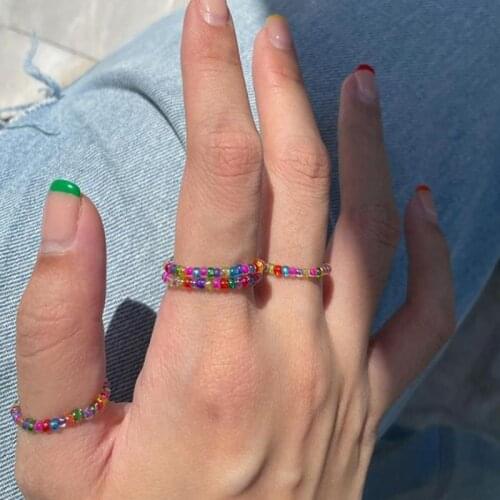 IF ME Bohemian Colorful Small Simple Transparent Resin Beads Ring for Women Girl Adjustable Elastic Trendy Party Ring Jewelry