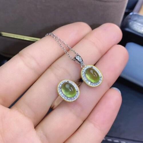 100% Real and Natural Prehnite Jewelry set Natural And Real Prehnite Set 925 sterling silver Fine jewelry 1pc Ring,1pc Pendant